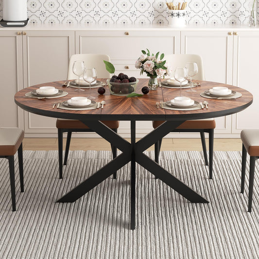47.2"-63" Extendable Round Dining Table for 4-6, Solid Wood Tabletop & Metal Frame, Walnut Dining Room Furniture