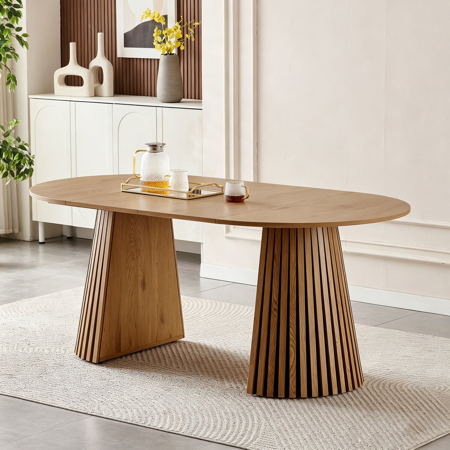 Wooden Dining Table, Flexible and Extendable, Multi-functional and Space-saving, Fashionable Oval Design and Slatted Table Legs, Tea Table or Office Desk, Beautiful and Practical
