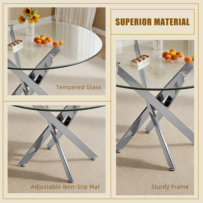 Modern Round Glass Table - 35.43" Silver Frame Dining Table for Dining Room
