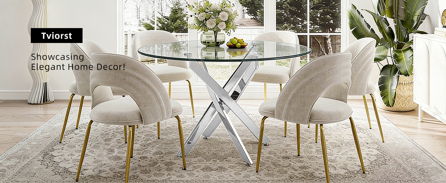 Modern Round Glass Table - 35.43" Silver Frame Dining Table for Dining Room