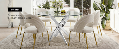 Modern Round Glass Table - 35.43" Silver Frame Dining Table for Dining Room