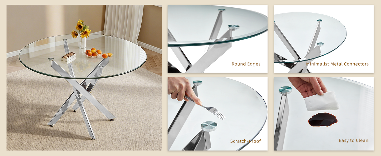 Modern Round Glass Table - 35.43" Silver Frame Dining Table for Dining Room