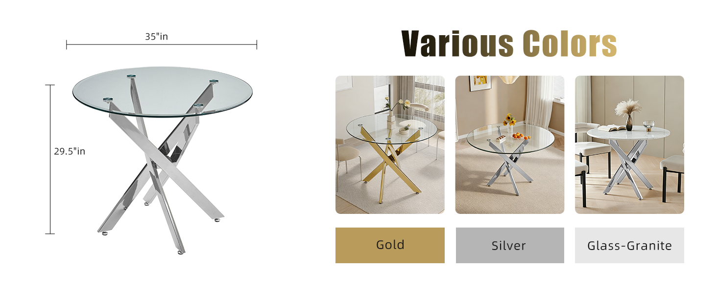Modern Round Glass Table - 35.43" Silver Frame Dining Table for Dining Room