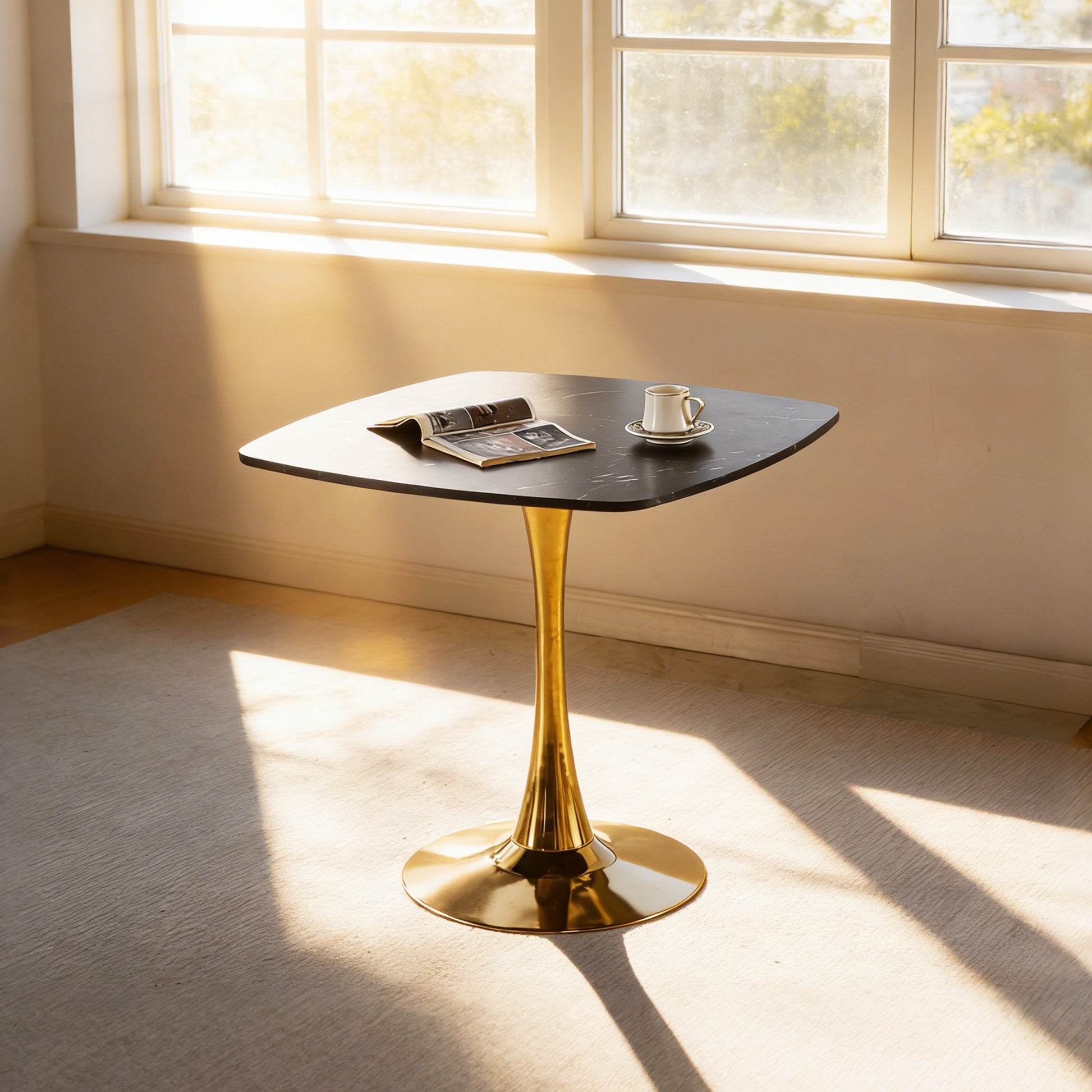 Square Dining Table 31.5 Inch, Mid-Century Modern Kitchen Table for 2-4 Person, Black and Golden Tulip Pedestal Base with MDF Tabletop for Small Space, Apartment, Breakfast Nook