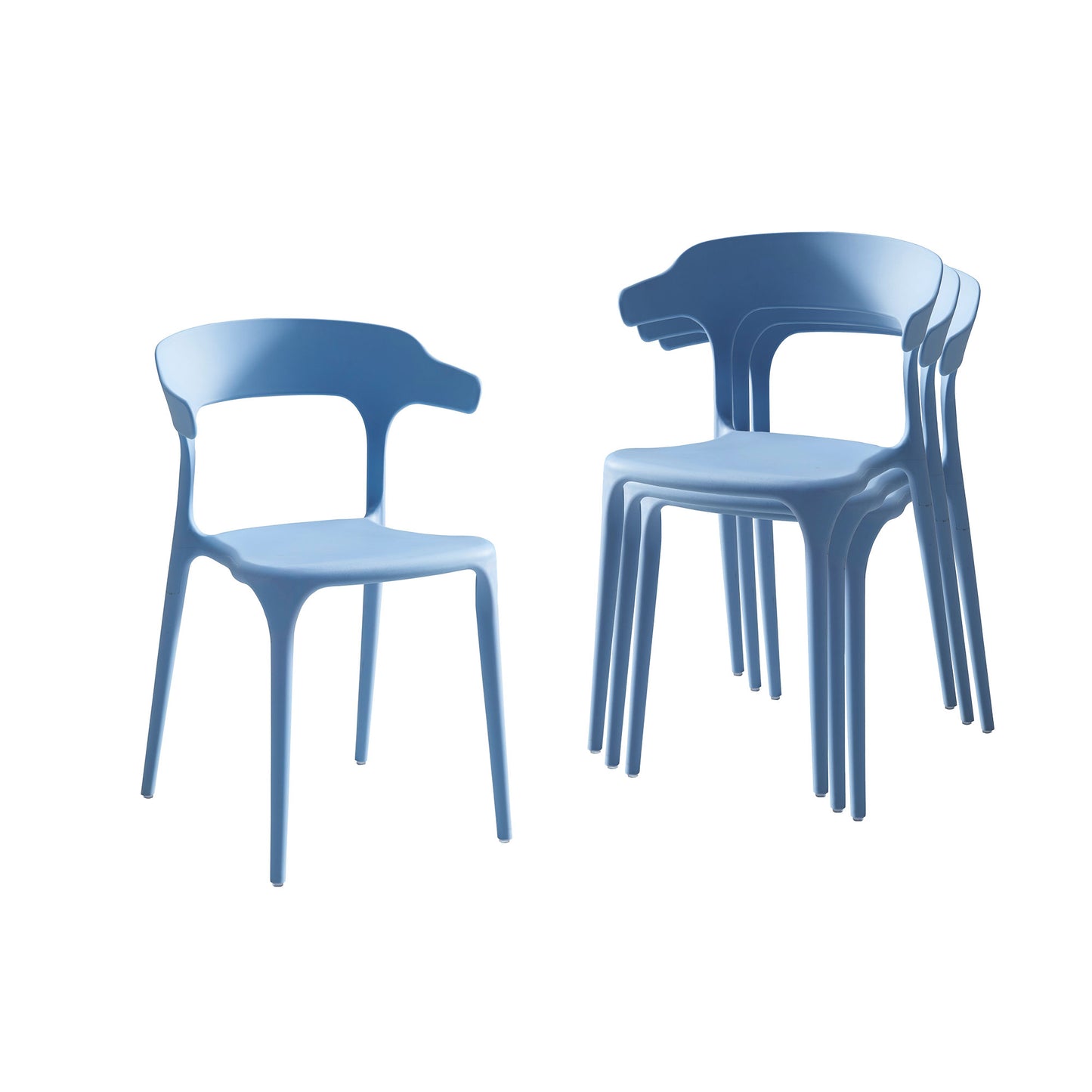 Stackable plastic chair set of 4, blue, made of polypropylene, with reinforced legs, load-bearing 150KG