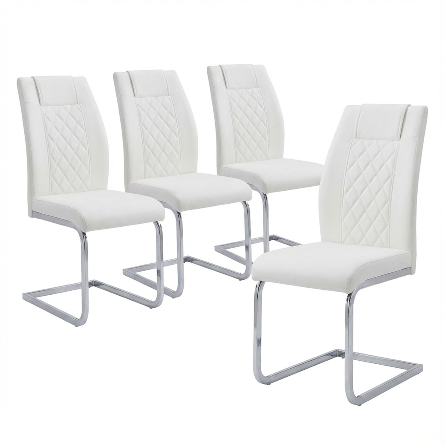 High-Back Dining Chairs Set of 4, PU Leather Modern Kitchen Chairs with Silver Legs for Home Furniture Dining & Kitchen Room (White)