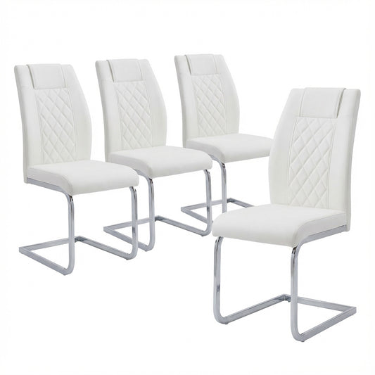 High-Back Dining Chairs Set of 4, PU Leather Modern Kitchen Chairs with Silver Legs for Home Furniture Dining & Kitchen Room (White)