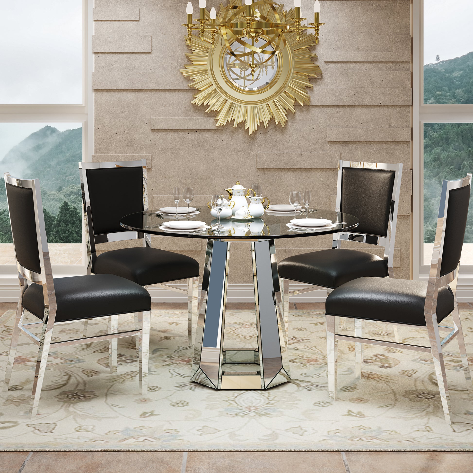 Modern Round Glass Dining Table with Mirrored Base for Dining Room