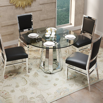Modern Round Glass Dining Table with Mirrored Base for Dining Room