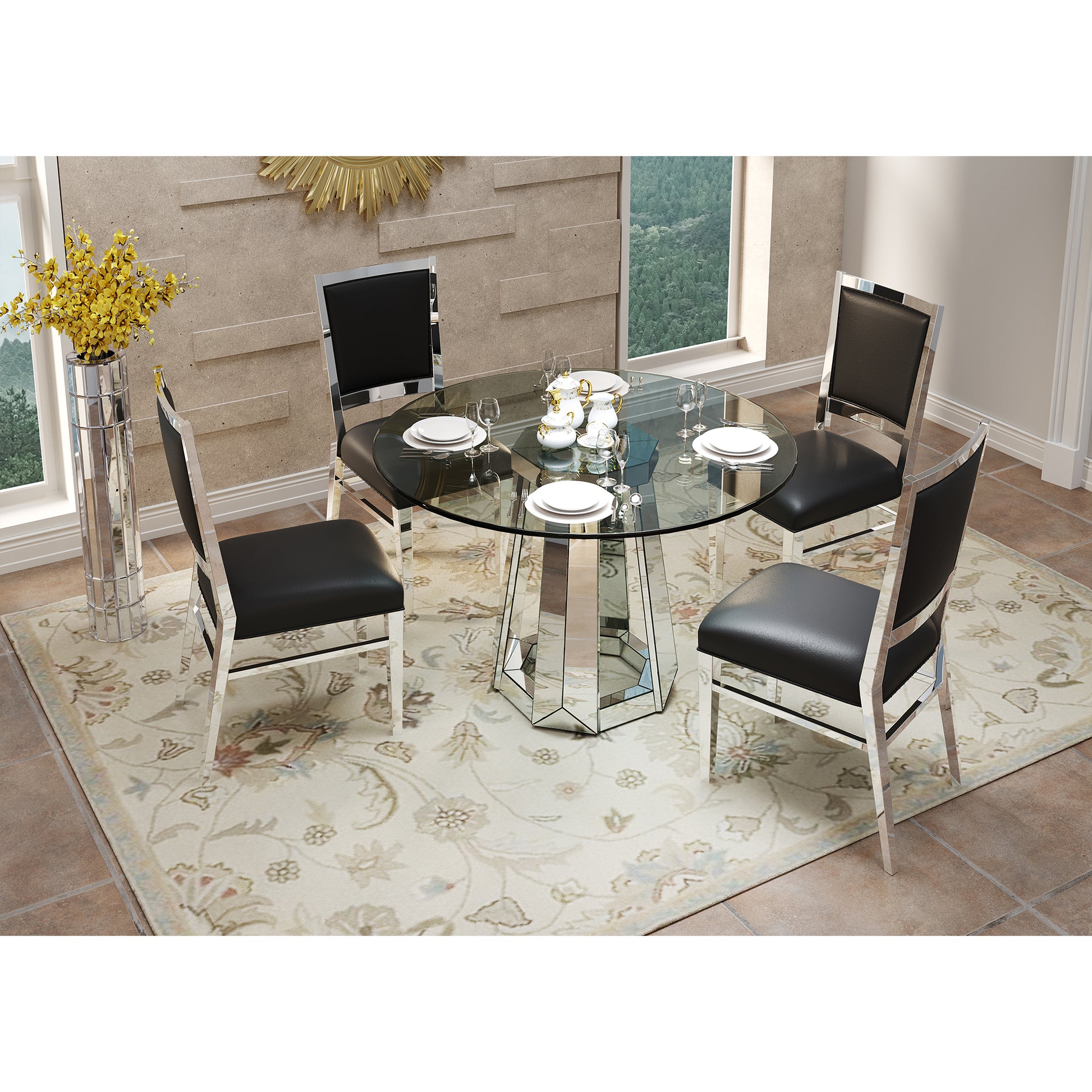 Modern Round Glass Dining Table with Mirrored Base for Dining Room