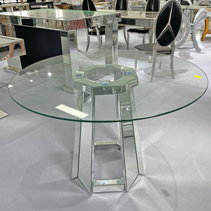 Modern Round Glass Dining Table with Mirrored Base for Dining Room