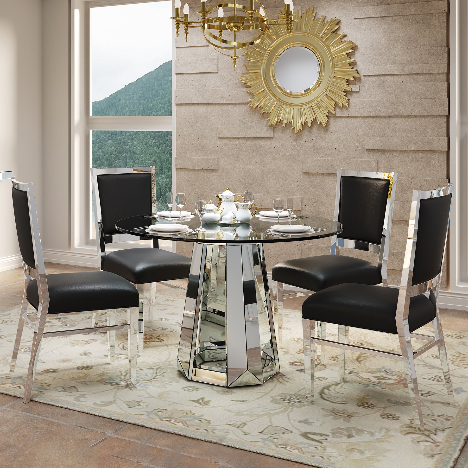 Modern minimalist round tempered glass combination round mirror surface dining table, glass table with round base,kitchen table