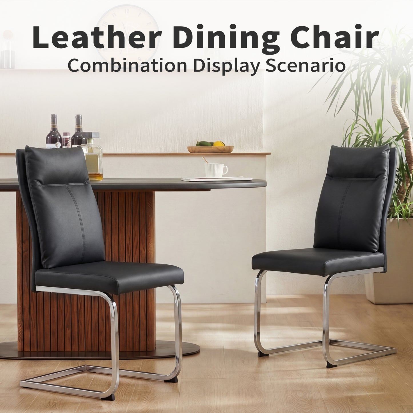Black Dining Chairs Set of 2 - Contemporary Leather Look for Dining Room