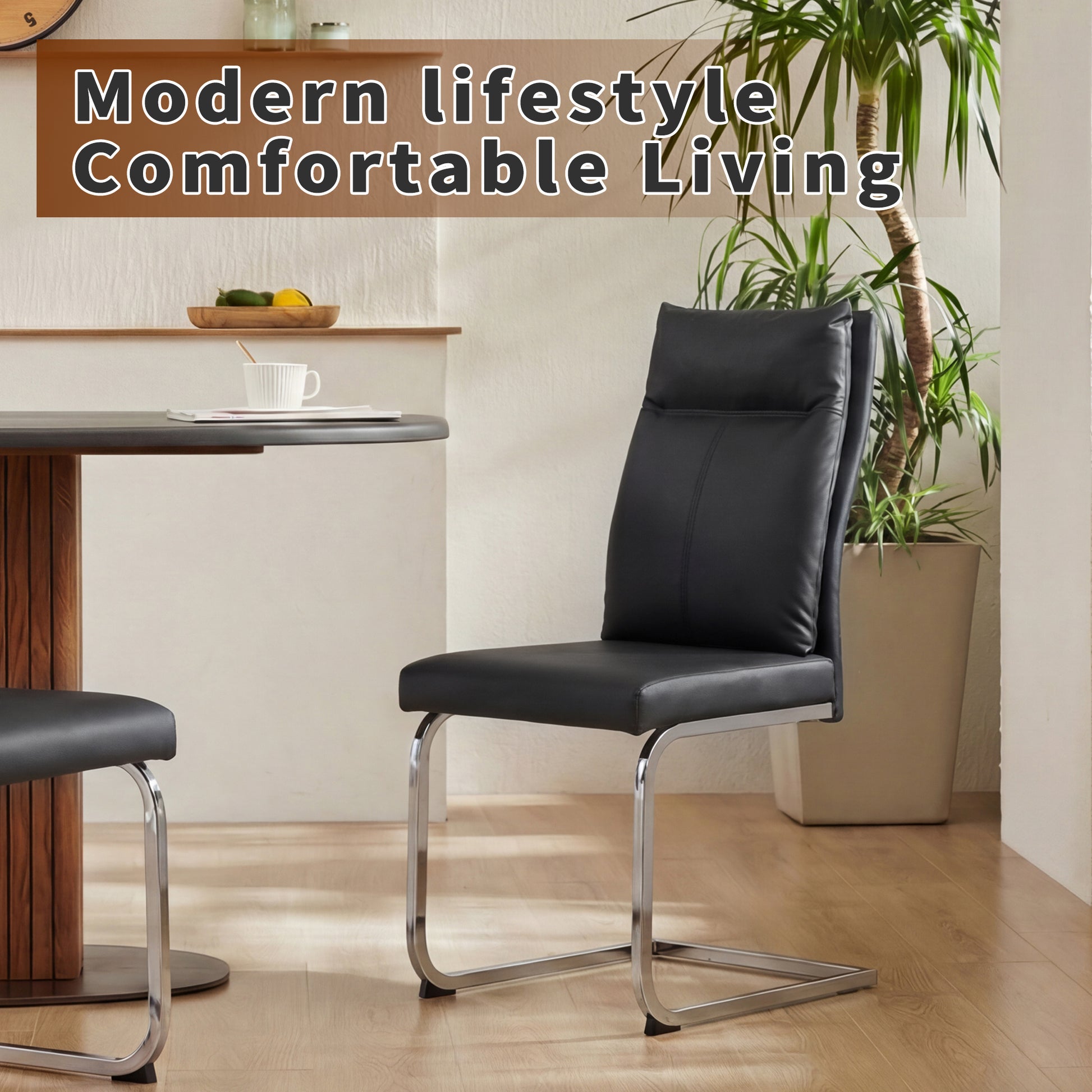 Black Dining Chairs Set of 2 - Contemporary Leather Look for Dining Room