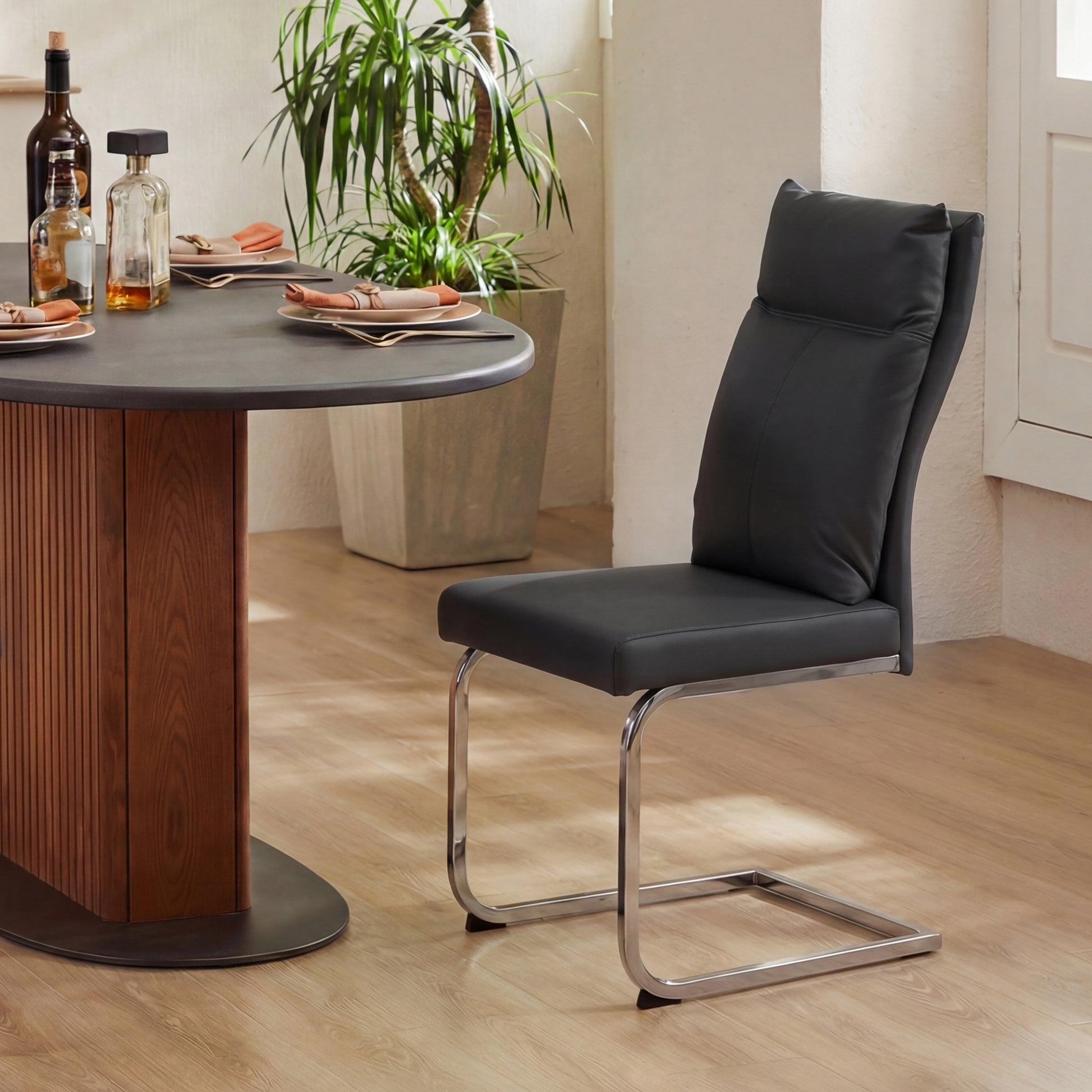 Black Dining Chairs Set of 2 - Contemporary Leather Look for Dining Room