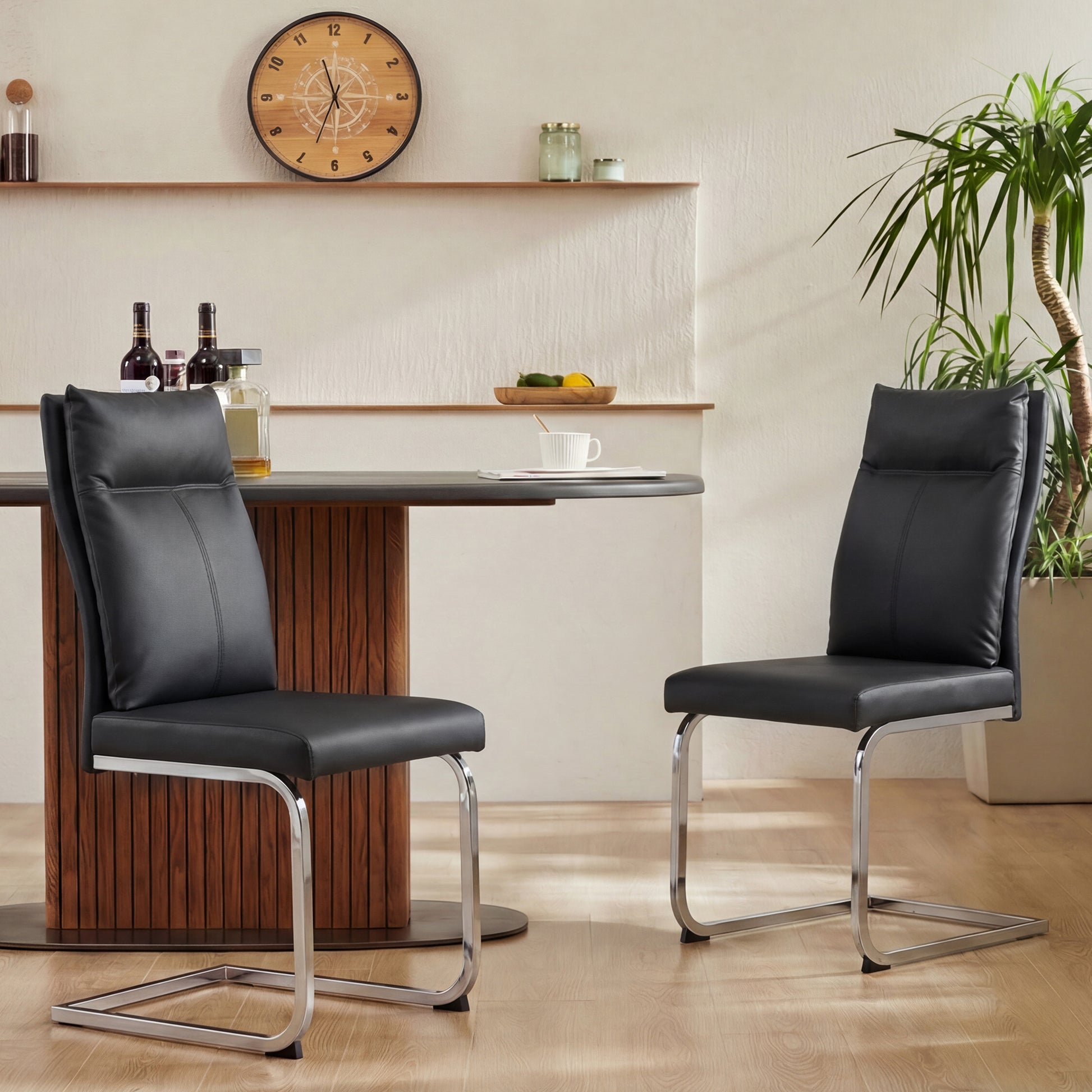 Black Dining Chairs Set of 2 - Contemporary Leather Look for Dining Room