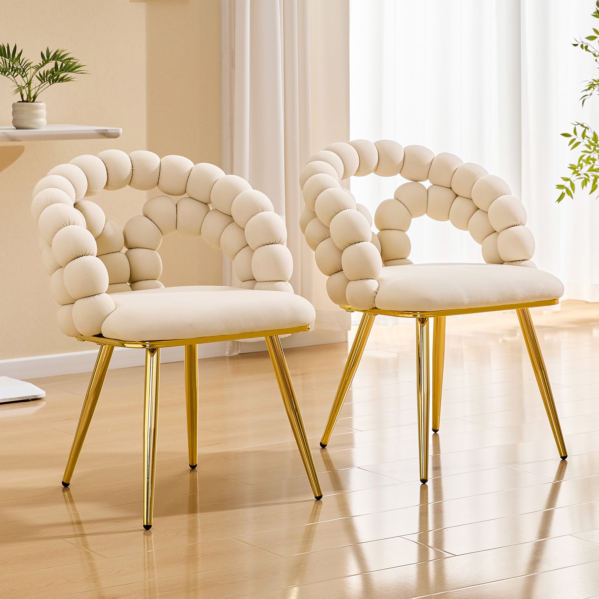 Modern Velvet Dining Chair with Bubble Back, Accent Chair with Gold Metal Legs, Upholstered Vanity Chair for Dining Room, Living Room, Bedroom, Beige (Set of 2)