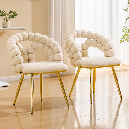 Modern Velvet Dining Chair with Bubble Back, Accent Chair with Gold Metal Legs, Upholstered Vanity Chair for Dining Room, Living Room, Bedroom, Beige (Set of 2)