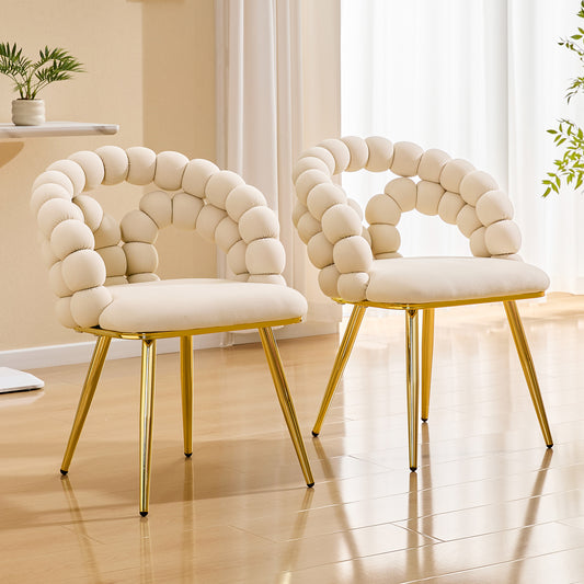 Modern Velvet Dining Chair with Bubble Back, Accent Chair with Gold Metal Legs, Upholstered Vanity Chair for Dining Room, Living Room, Bedroom, Beige (Set of 2)