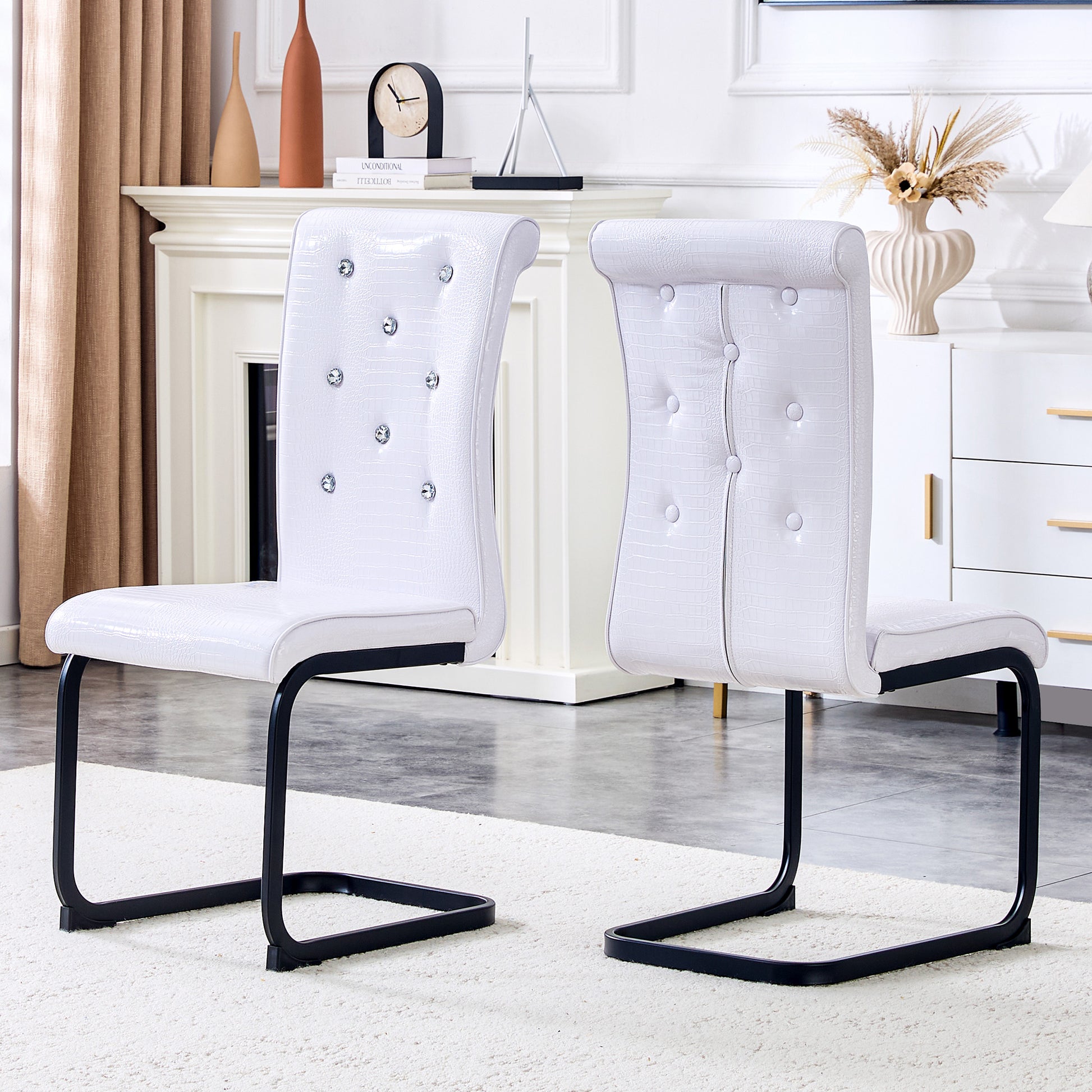 Set of 2,Retro alligator skin Upholstered dining chairs,with Crystal buckle design and Faux Leather design,a touch of elegance and mystery to the dining area,Black spray-painted metal bow leg