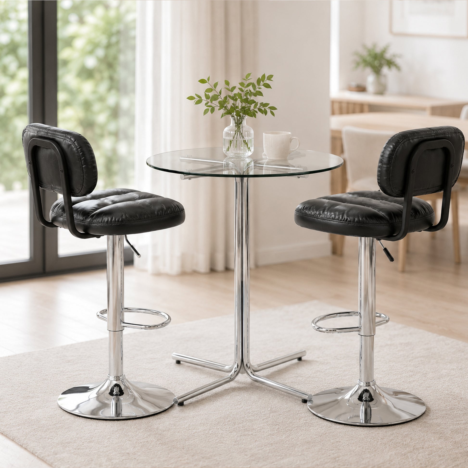 Set of 2 Adjustable Height Bar Stools, Black PU Leather Upholstered with Chrome Base & Footrest, Modern Comfortable Stools for Kitchen Island, Home Bar, Game Room & Office Break Area