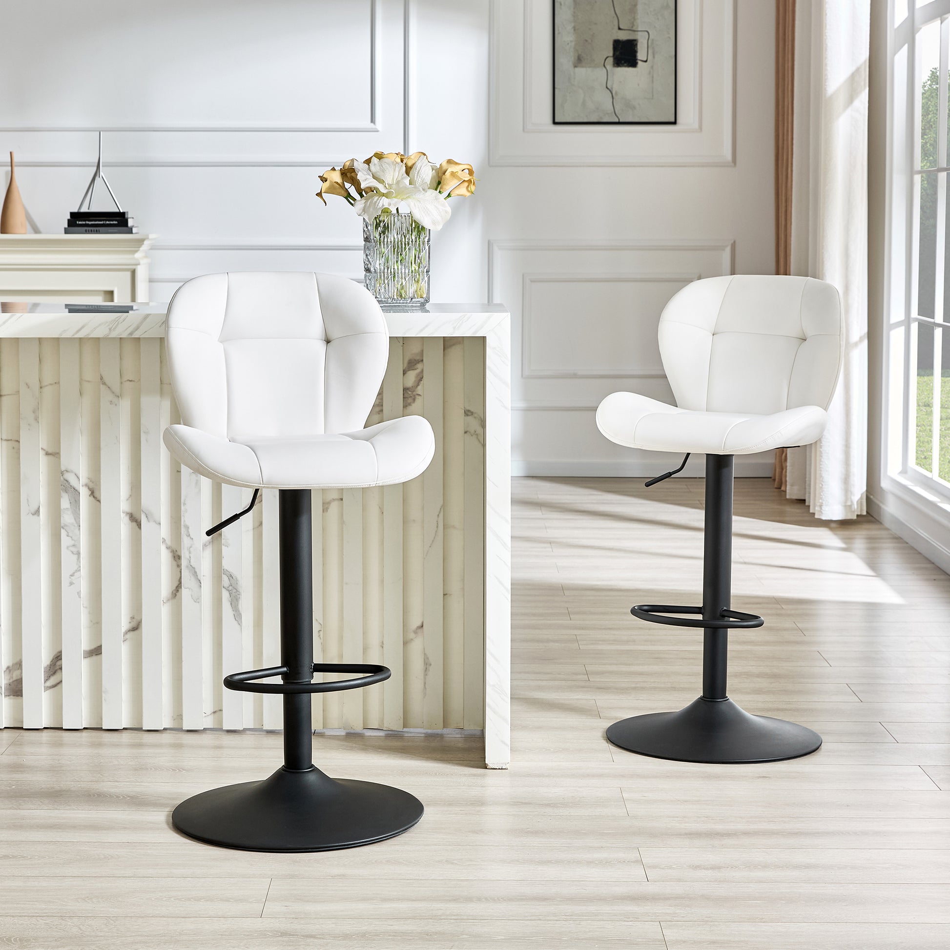 Set of 2 Height Adjustable Bar Stools, White PU Upholstered Chairs with Black Metal