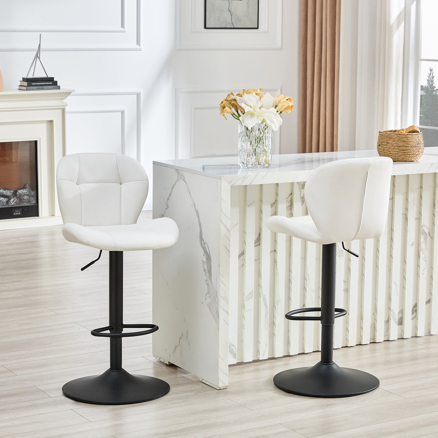 Set of 2 Height Adjustable Bar Stools, White PU Upholstered Chairs with Black Metal