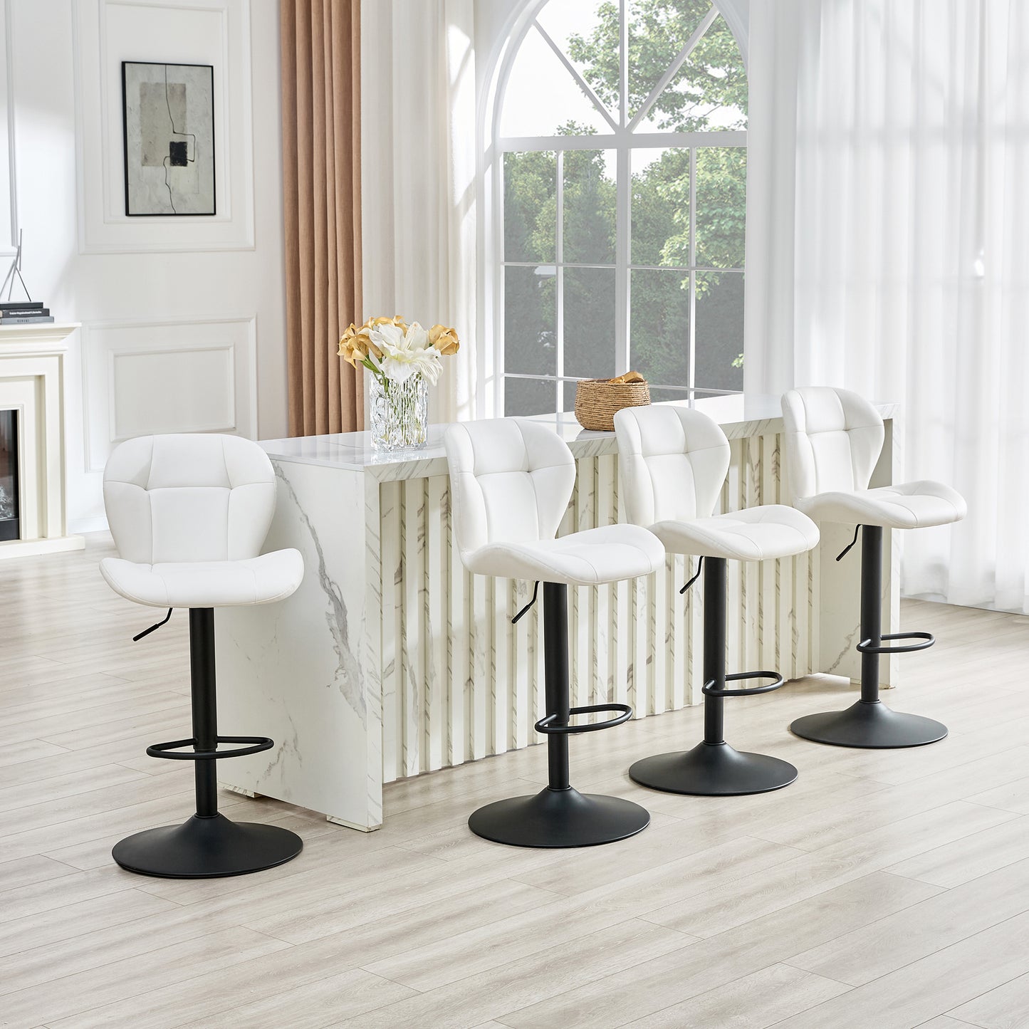 Set of 2 Height Adjustable Bar Stools, White PU Upholstered Chairs with Black Metal