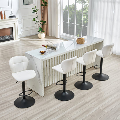 Set of 2 Height Adjustable Bar Stools, White PU Upholstered Chairs with Black Metal