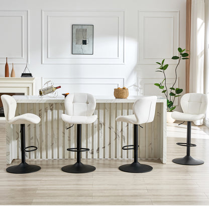 Set of 2 Height Adjustable Bar Stools, White PU Upholstered Chairs with Black Metal