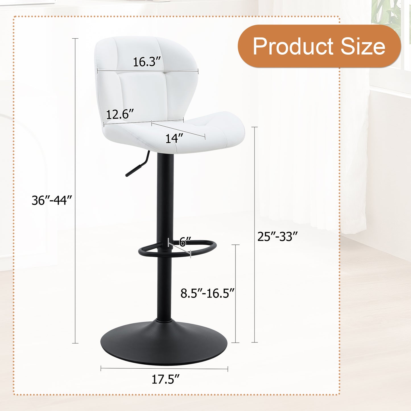 Set of 2 Height Adjustable Bar Stools, White PU Upholstered Chairs with Black Metal