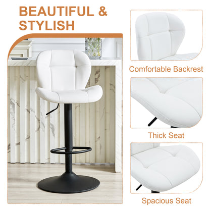 Set of 2 Height Adjustable Bar Stools, White PU Upholstered Chairs with Black Metal
