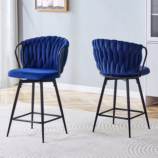 Blue Velvet Bar Stools - Set of 2 Kitchen Island Seating for Dining Room