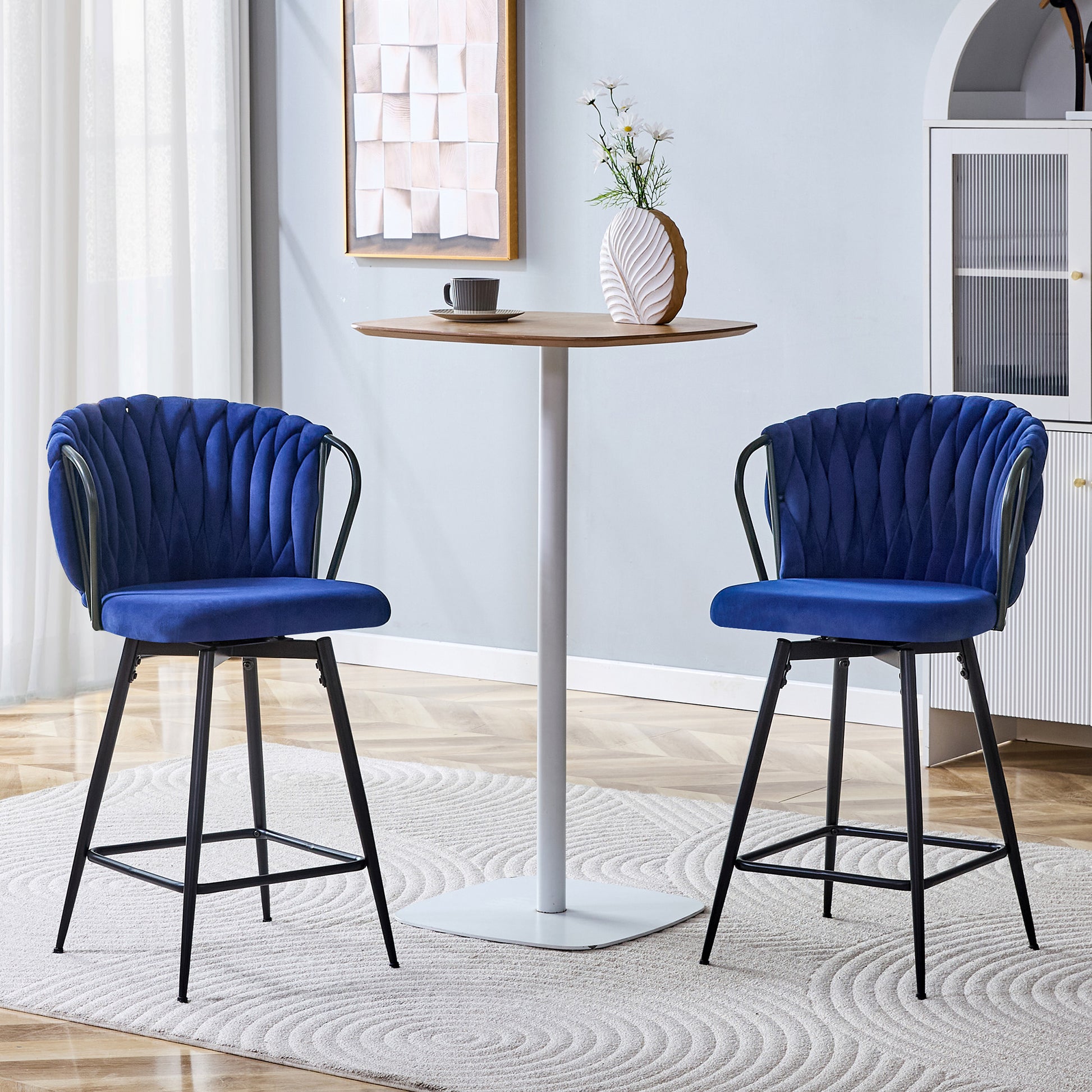 Blue Velvet Bar Stools - Set of 2 Kitchen Island Seating for Dining Room