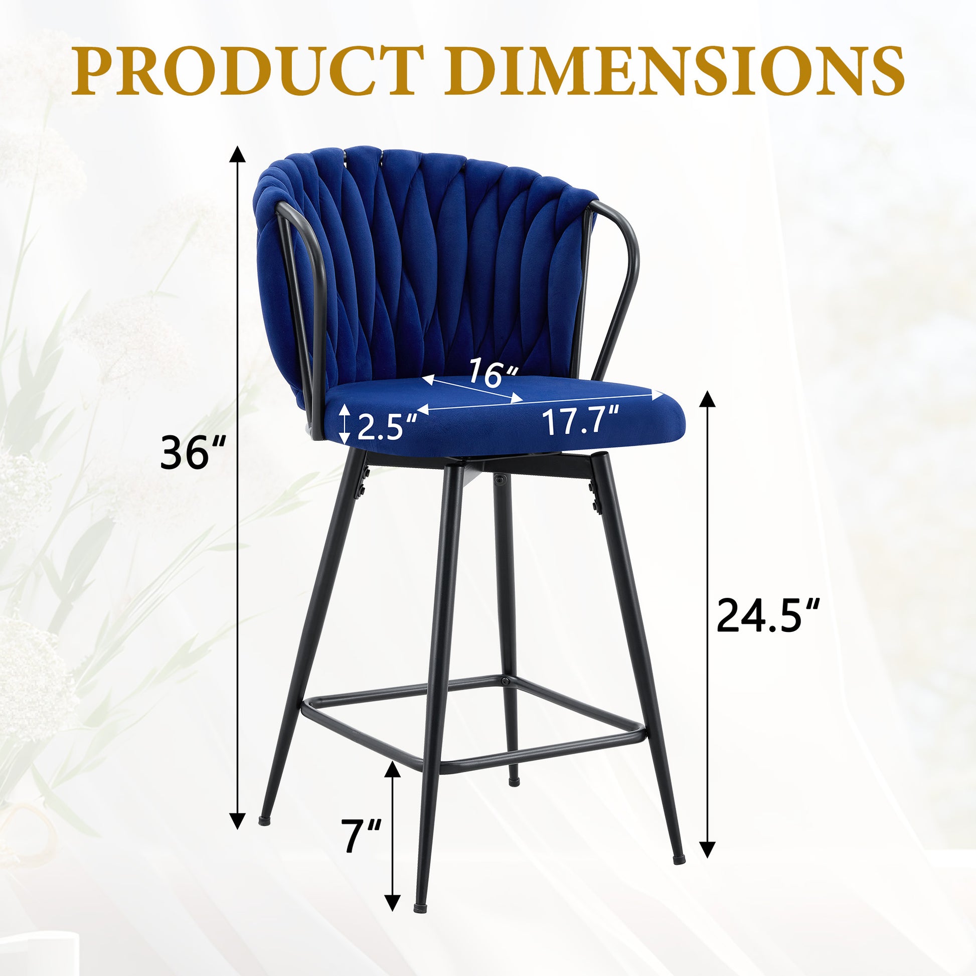 Blue Velvet Bar Stools - Set of 2 Kitchen Island Seating for Dining Room