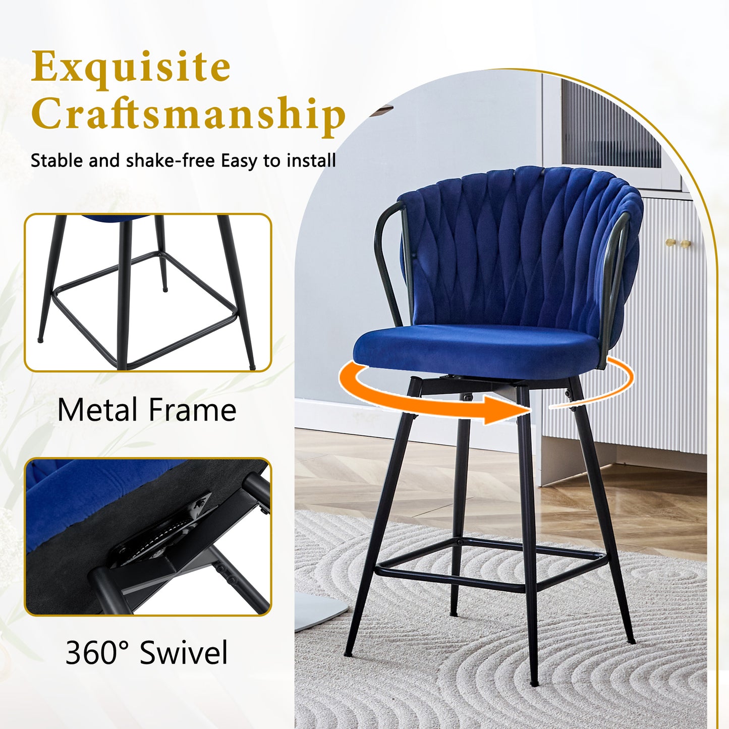 Blue Velvet Bar Stools - Set of 2 Kitchen Island Seating for Dining Room