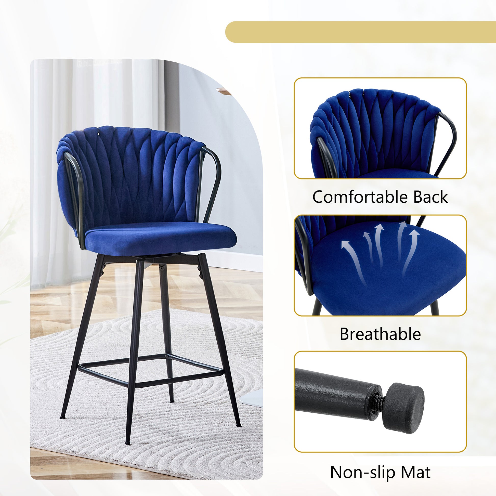 Blue Velvet Bar Stools - Set of 2 Kitchen Island Seating for Dining Room