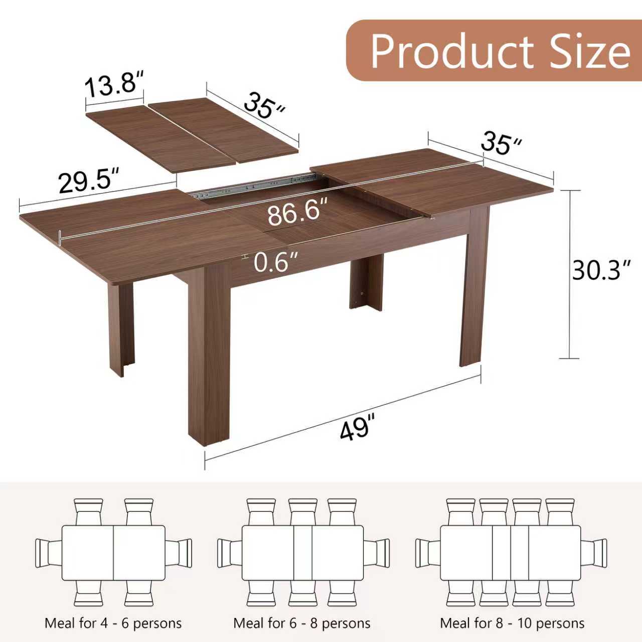 Walnut MDF Extendable Dining Table - 86.5" Long for Dining Room