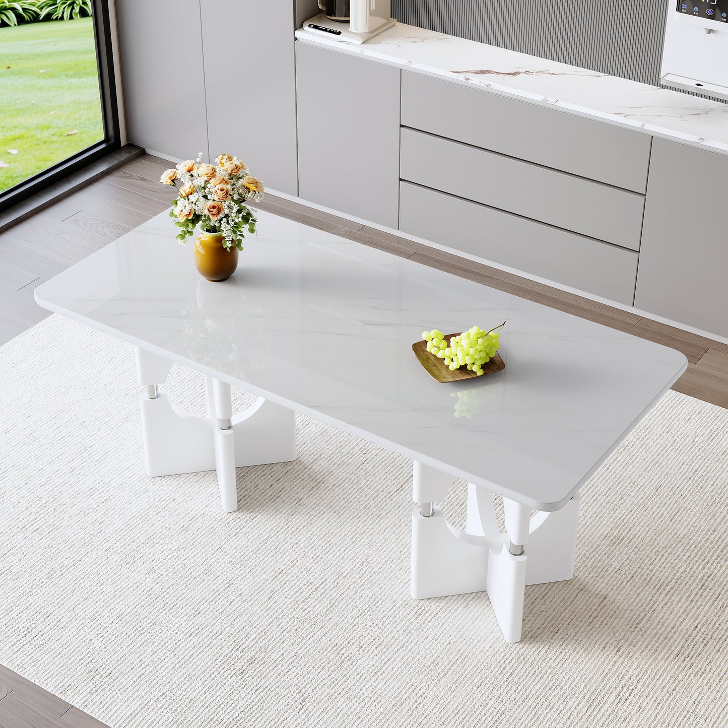 Modern MDF dining table with white marble pattern, stylish metal hollow frame, suitable for compact dining tables in small space homes/apartments