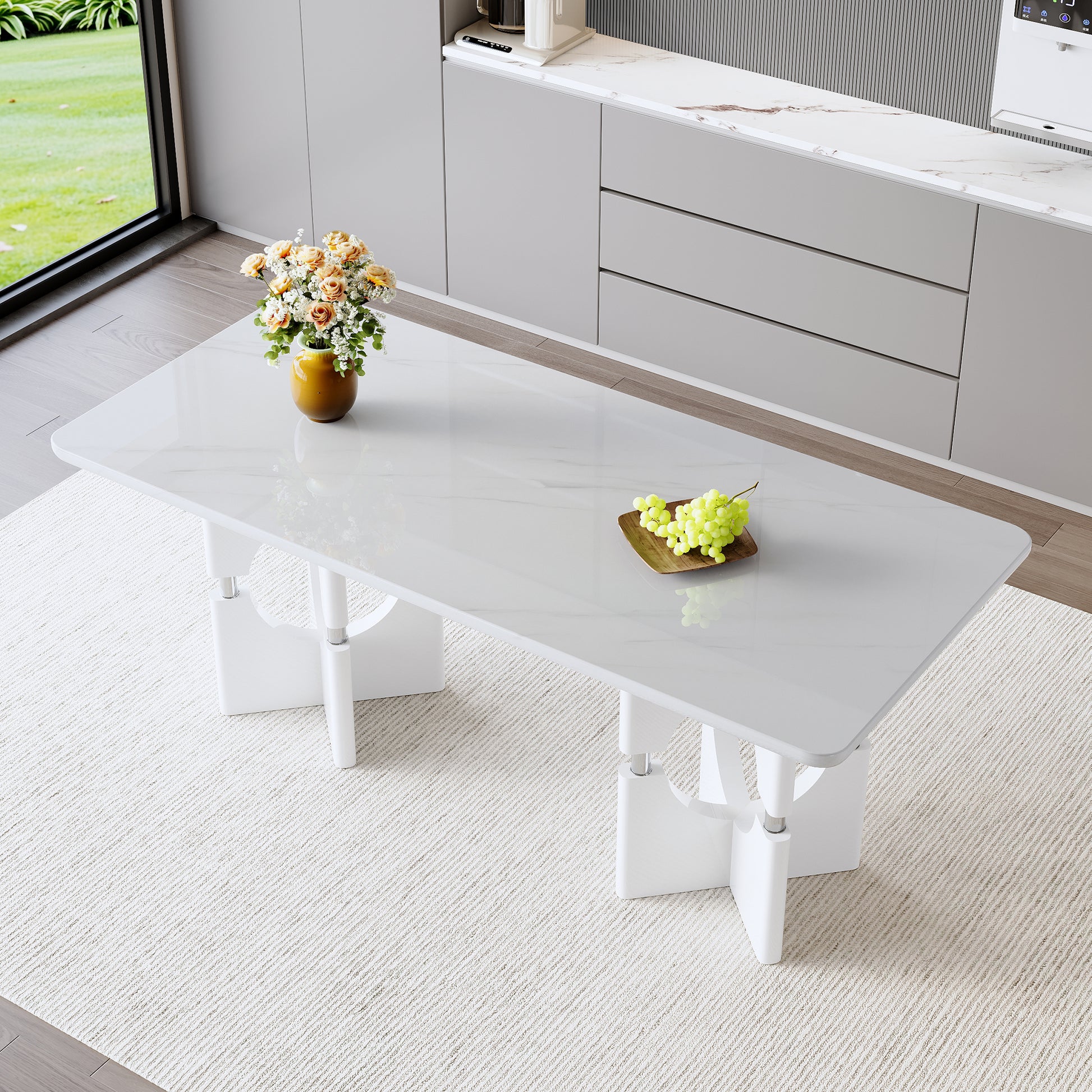 Modern MDF dining table with white marble pattern, stylish metal hollow frame, suitable for compact dining tables in small space homes/apartments
