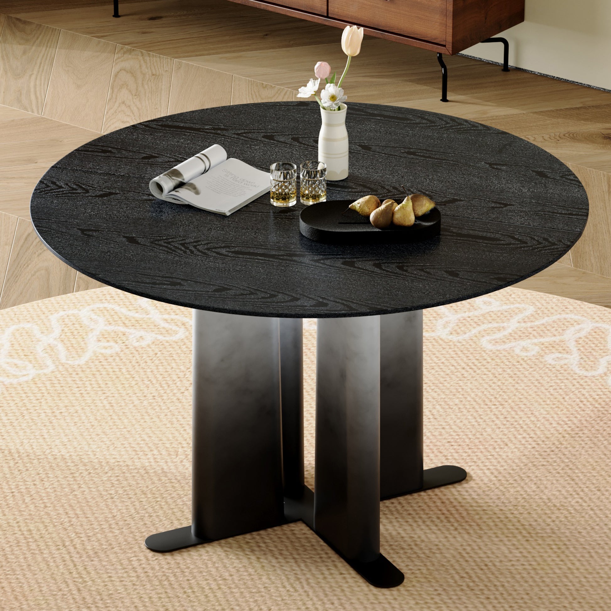 Round Black Wood Grain MDF Dining Table, Black & White Gradient Legs with Cross Base, Compact 2-4 Person Kitchen Table for Small Spaces Modern Dining Room Furniture