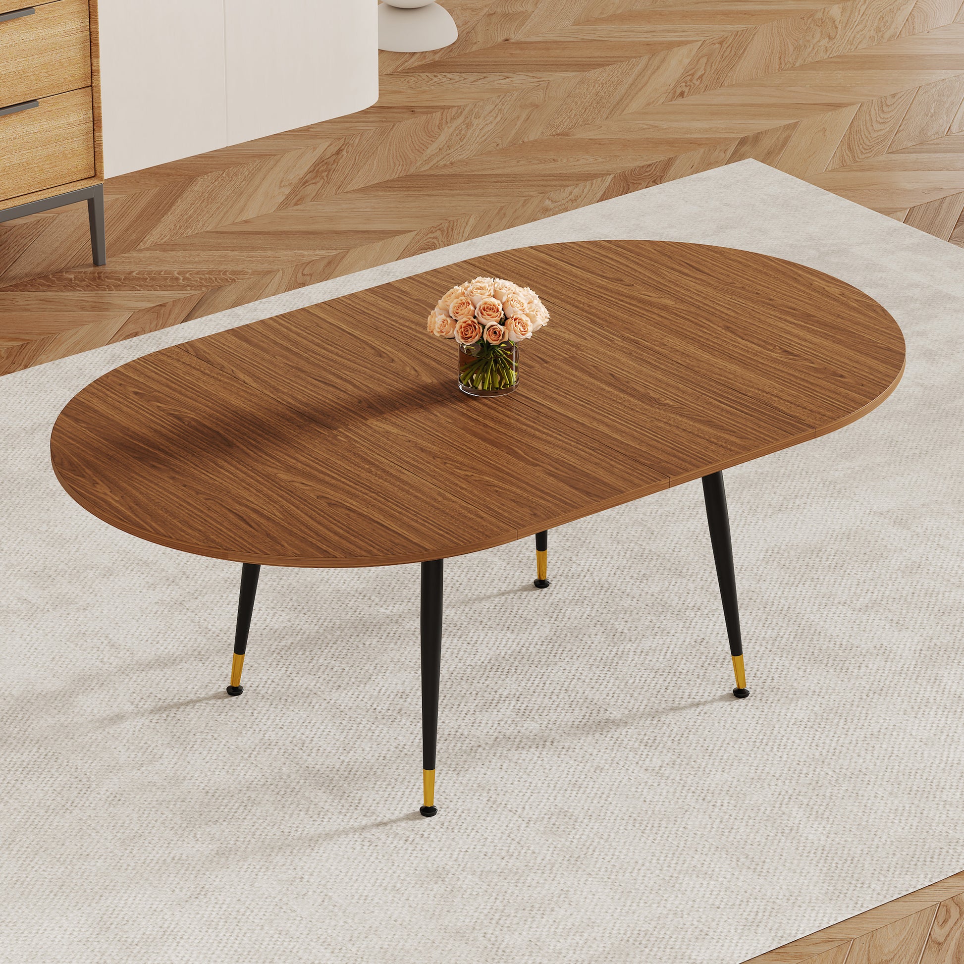 Walnut Oval Extendable Dining Table, MDF Top Modern Expandable Kitchen Table with Sturdy Metal Legs for Dining Room, Seats 6-10 People