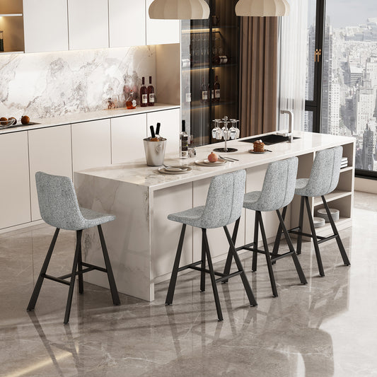 Modern Textured Light Gray Fabric Bar Stool - Upholstered Counter Height Chair with Sturdy Black Metal Legs for Kitchen Island, Home Bar, Dining Room (Single),2 sets