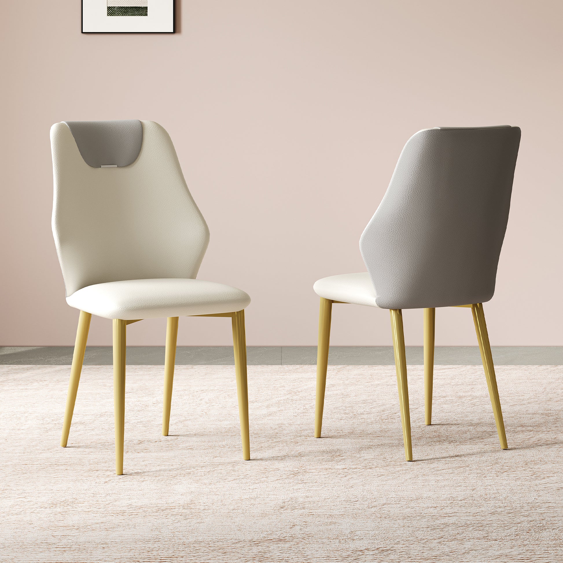 Set of 2 dining chairs, high-quality PU leather seats, with gold-plated painted carbon steel legs and ergonomic backrests, suitable for kitchen, dining room and living room  (miller white + gray)