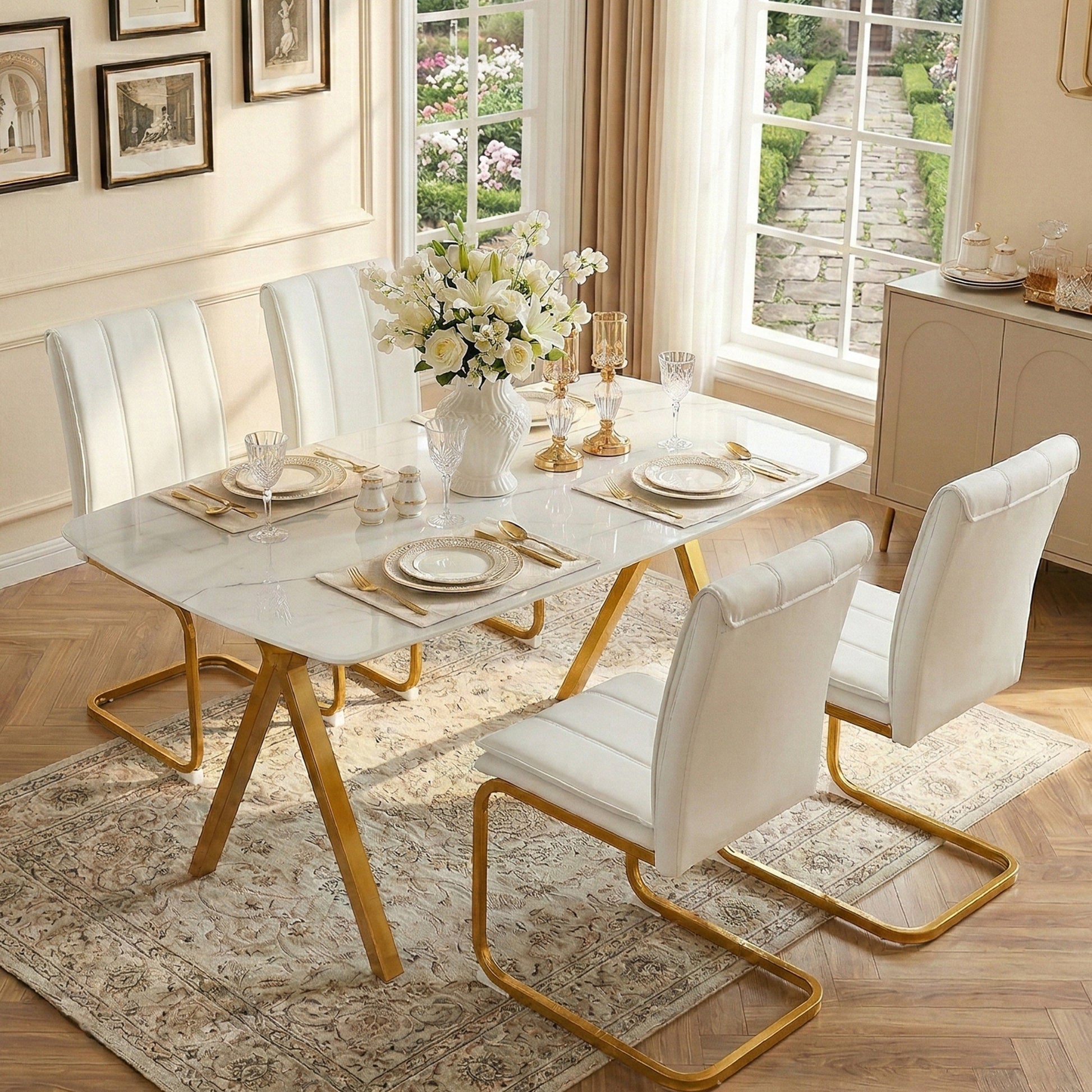 Rectangular dining table featuring a tempered glass tabletop with a marble-patterned design and golden metal legs, ideal for restaurant dining settings.