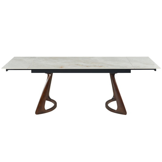 Retractable Imitation  Sintered stone Table Expandable 63" to 94.48" can Seats 6-8 Person Heat Resistant Scratch proof Heavy Duty Carbon DARK WALNUT SOLID WOOD base for Home Kitchen Living Room Table