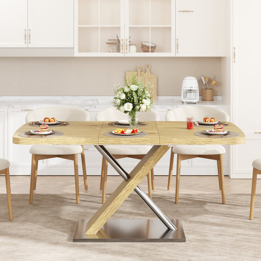 47.25 "-63" Dining Table, Original Wood Color, Seating 4-6 People, Retractable Table, Cross Metal Base and Stainless Steel Tubing(Natural)