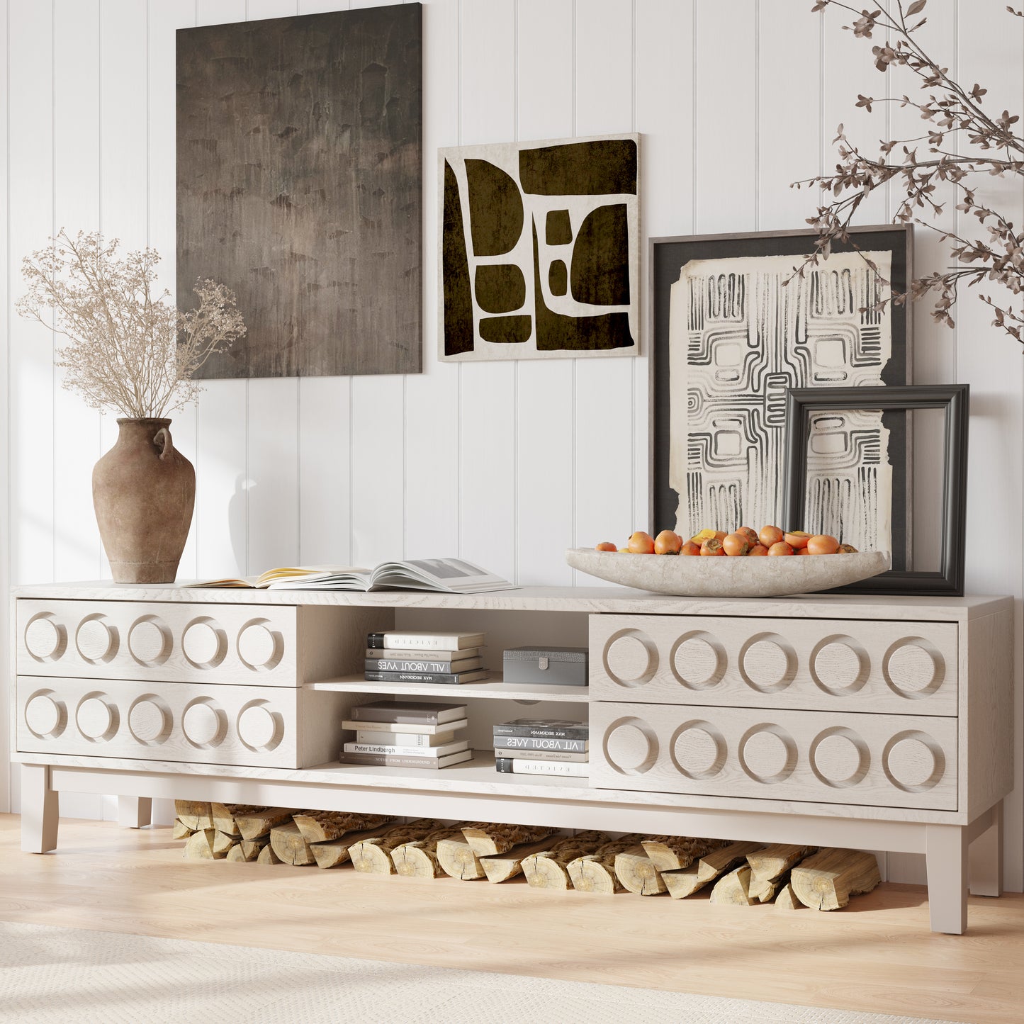 Modern White TV Console - Storage & Cable Management