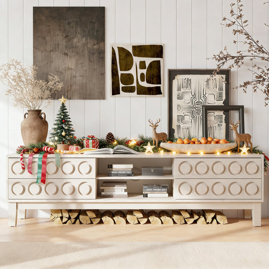 Modern Mid-Century Media Console with 4 Drawers and Cable Management, TV Console Table for TVs up to 75",Entertainment Center for Living Room and Office(White)