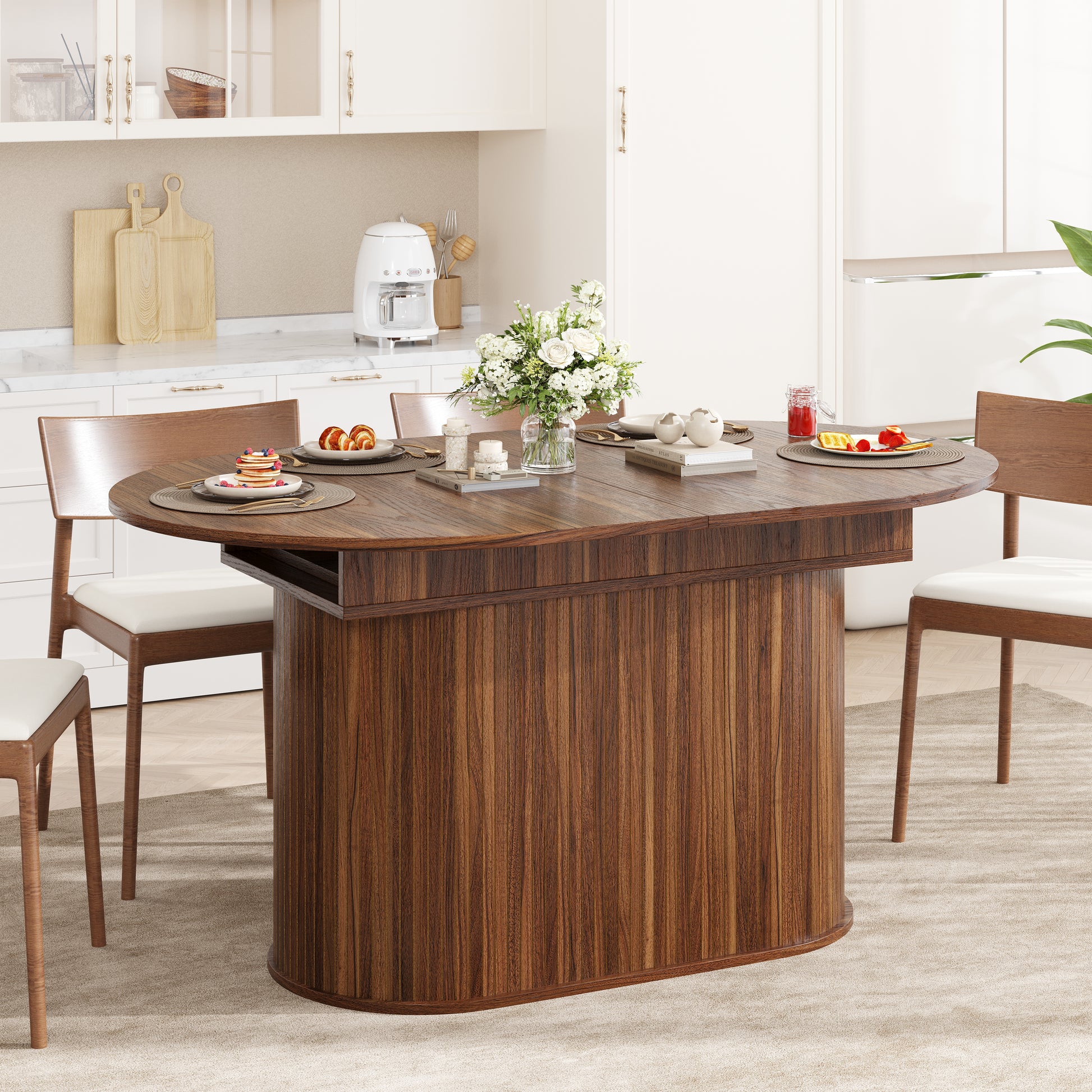 6-Person Walnut Extendable Dining Table - Modern Arc Shape